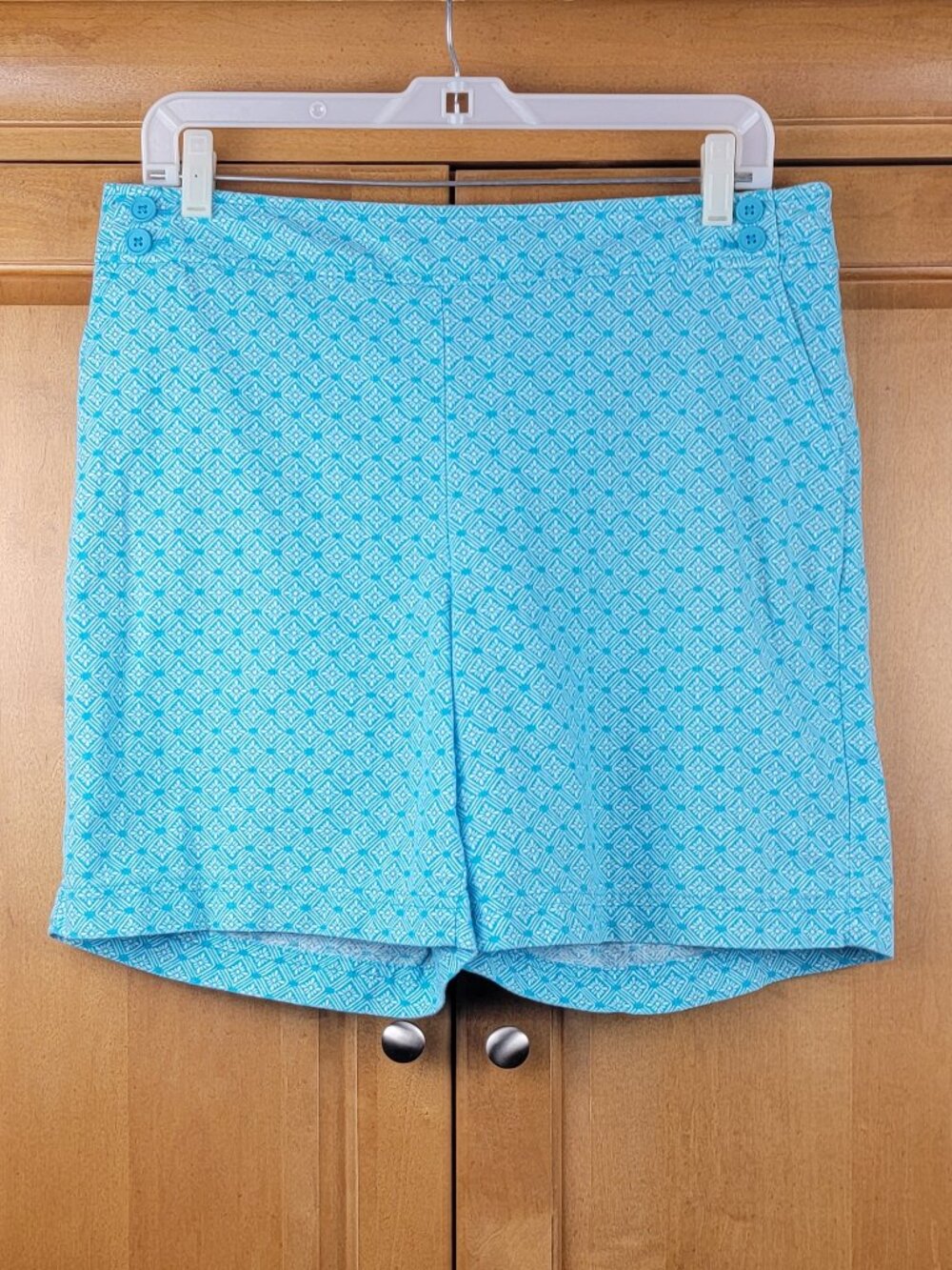 Talbots Turquoise Blue Geometric Print Flat Front Linen Blend Shorts - 10